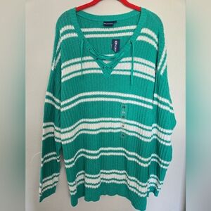Northcrest Womens Green and White Striped Long Sleeve Sweater Size 2XL